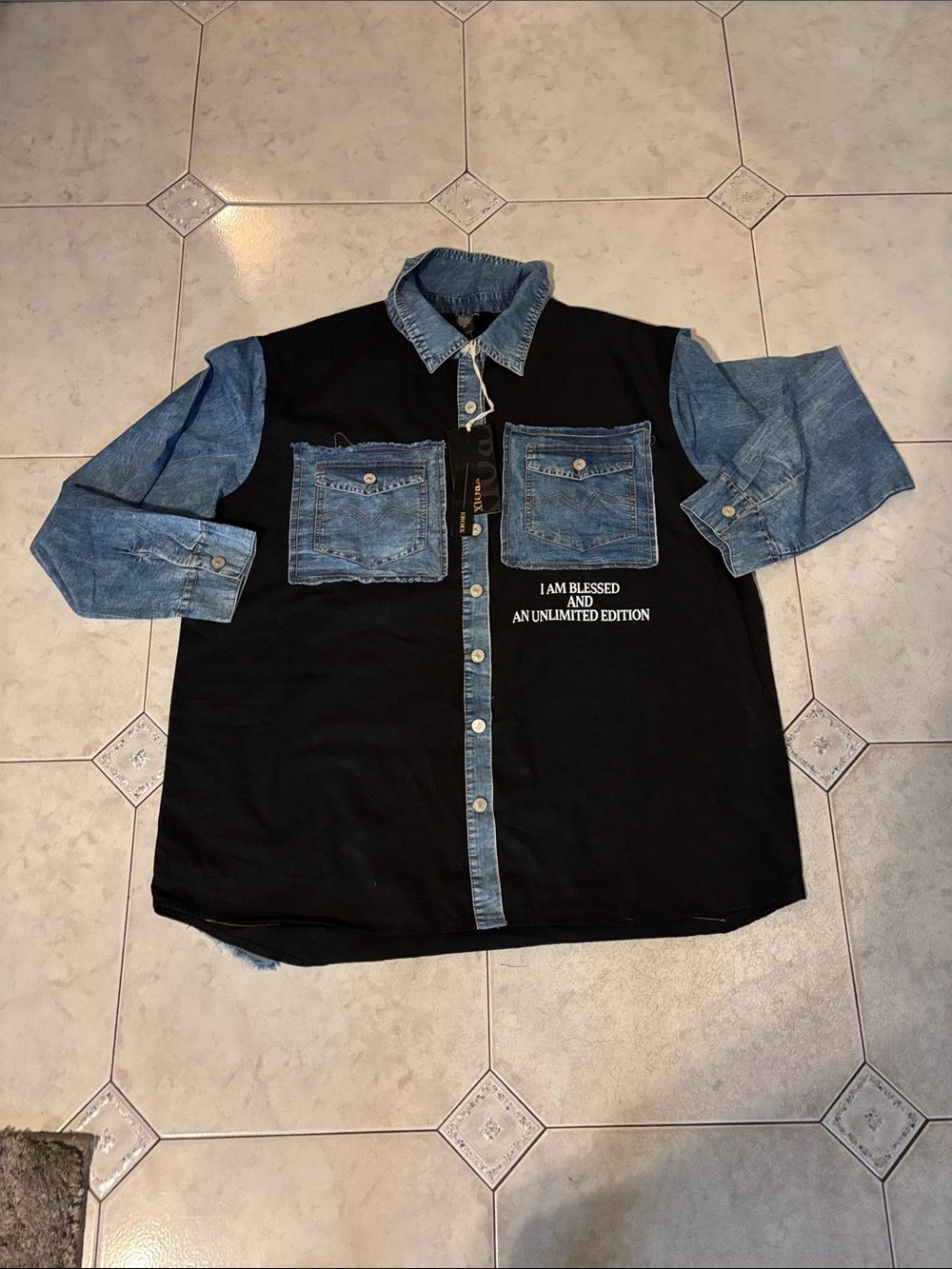 Denim-Accent Button Down Shirt - Black/Blue